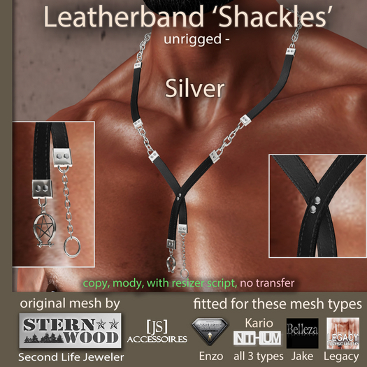 {JS} Neckl. Leatherband Shackles - Silver