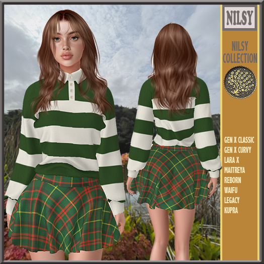 STRIPE SWEATSHIRT&CHECK SKIRT