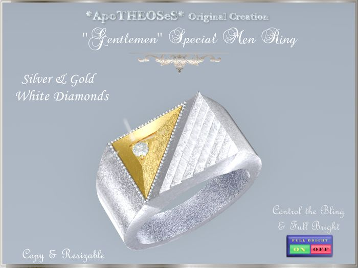GENTLEMEN Silver & Gold Special Men Ring White Diamond