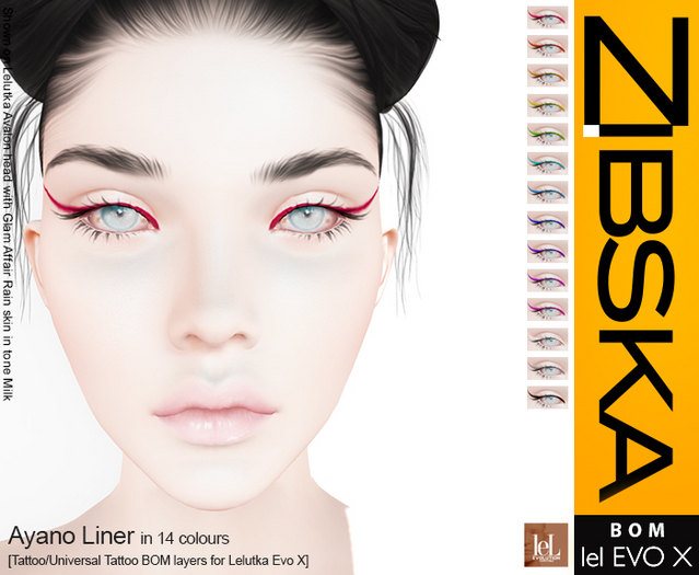 Zibska Evo X ~ Ayano Liner in 14 colors with tattoo and universal tattoo BOM layers.