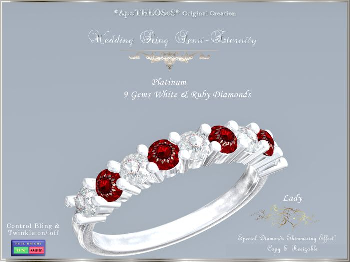 Platinum Wedding Ring 9 White/Ruby Diam Semi-Eternity