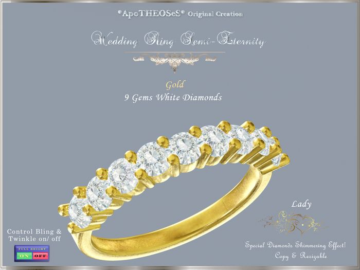 Gold Wedding Ring 9 white Diamonds Semi-Eternity