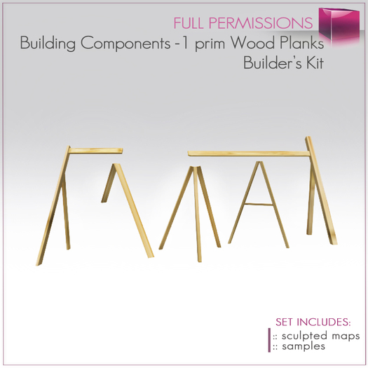 Full Perm Building components - 1 prim Sculpted Wood Plank - 5 shapes Planks  Builder's Kit Set