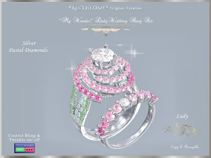 My Wonder Silver Lady Wedding Rings Set Pastel Diamonds