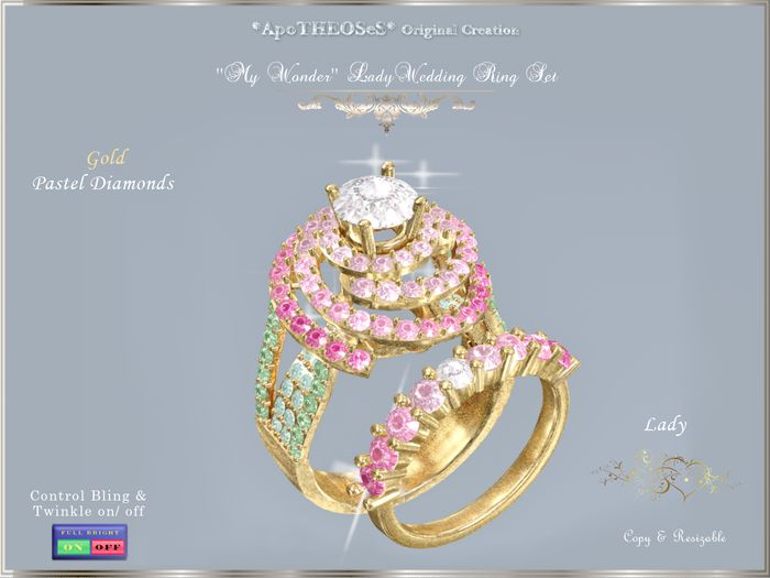 My Wonder  Gold Lady Wedding Rings Set Pastel Diamonds