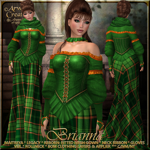 {AS} Brianna Fitted Mesh Gown & Gloves: Maxwell Green; Medieval, Scottish Tartan, Celtic; BoM; Maitreya, Reborn, Legacy