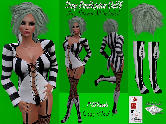 Sexy Beetlejuice Female Complete Outfit - FitMesh - Shoes and Hair included! - * SPECIAL PRICE Happy HALLOWEEN Promo *