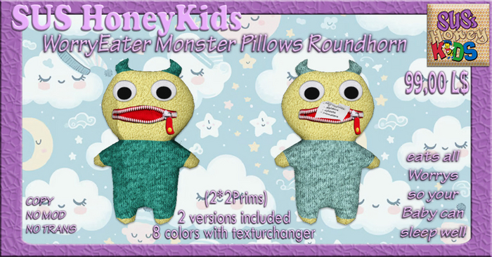 SUS HoneyKids WorryEater Monster Pillows Roundhorn BOX