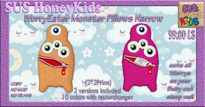 SUS HoneyKids WorryEater Monster Pillows Narrow BOX