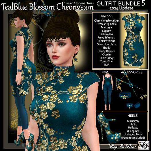 C&F Teal Blue Blossom Cheongsam BUNDLE v5 
