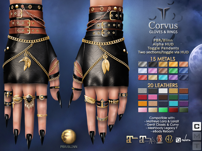 **RE** Corvus Gloves & Rings - PBR - Maitreya Lara X, GenX, Meshbody, eBODY