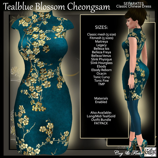 C&F Separates- Cheongsam Dress ONLY - TealBlue Blossom 5