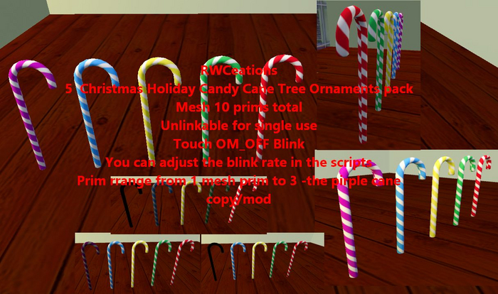 5  Christmas Holiday Candy Cane Tree Ornament Mesh 10 prims BOX