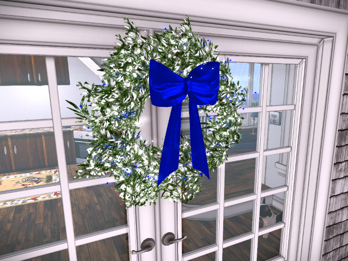 Snowy Evergreen Wreath Blue Bow + tiny Lights , resizer