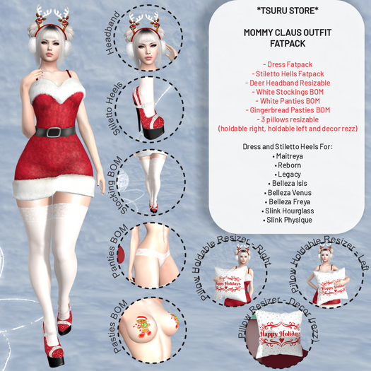 *Tsuru Store* Outfit Mommy Claus Pack - Dress, Stiletto, Pasties, Panties, Headband, Stockings, Pillow