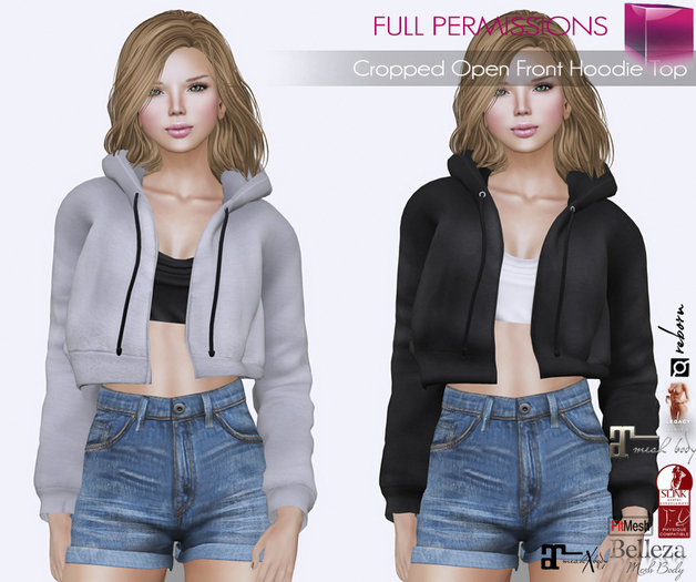 Full Perm Cropped Open Front Hoodie Top FITMESH - Slink - Maitreya - Belleza 