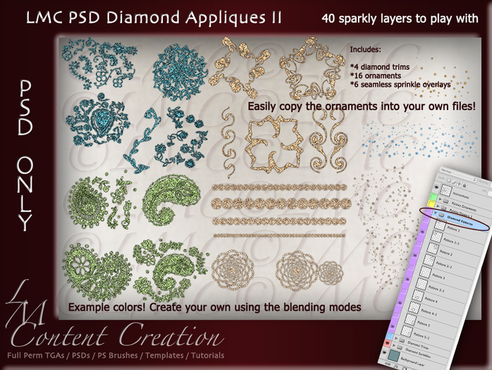LMC PSD FILES - Diamond Appliques II - 40 sparkly PSD layers to play with 