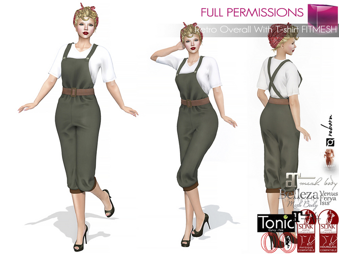 Full Perm Female Retro Vintage Overalls with T-Shirt for Maitreya 5.3 LaraX Ebody Reborn Legacy Belleza Slink Tonic Clsc