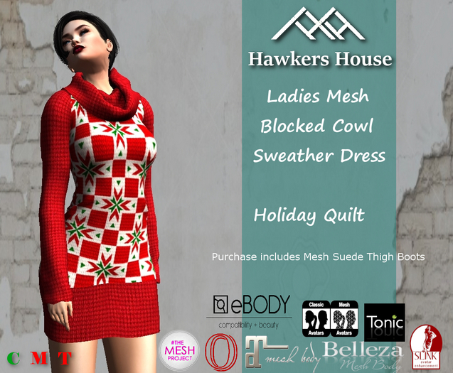 *HH* Ladies  Mesh Blocked Cowl Sweater Dress Holiday Quilt