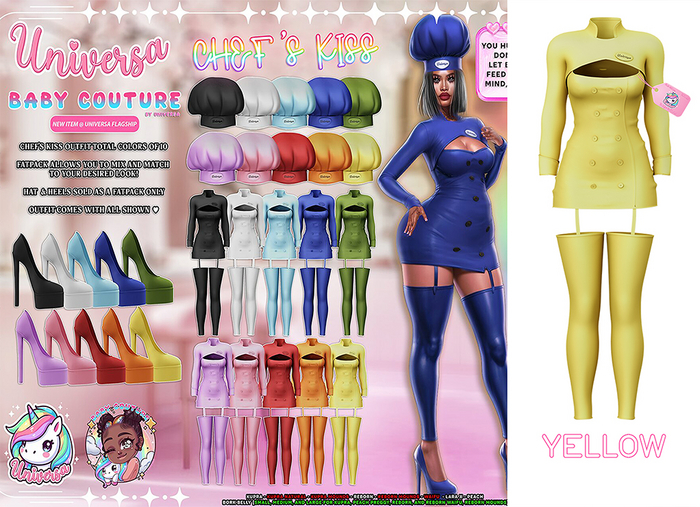 #UxBC - Chef's Kiss Outfit - Yellow -Kupra -LaraX -Reborn -Legacy -Mounds -Bork -Waifu -Bombshell -Peach -Preggy