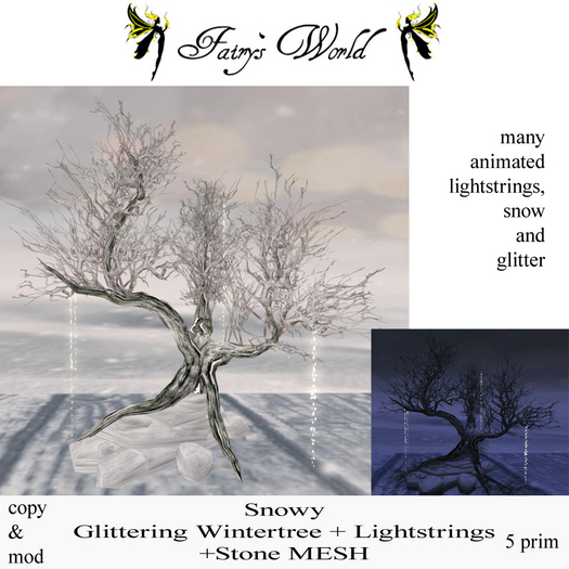 *Fairy`s World* Snowy Glittering Winter tree+Lightstrings+Stone