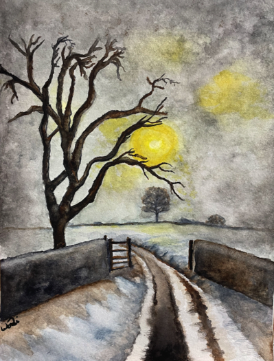 Snowy Lane in Watercolour