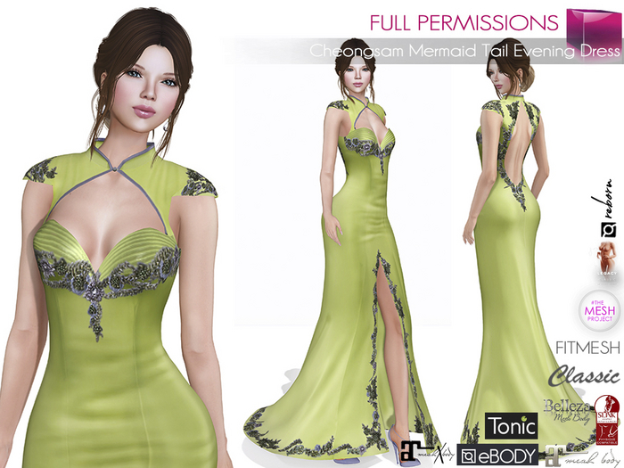 Full Perm Female Cheongsam Mermaid Evening Gown Dress for Maitreya 5.3 LaraX Ebody Reborn Legacy Belleza Slink Tonic Cls