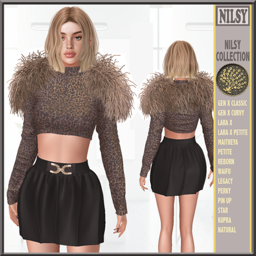 FRINGE SHOULDER SKIN PRINT TOP&SKIRT