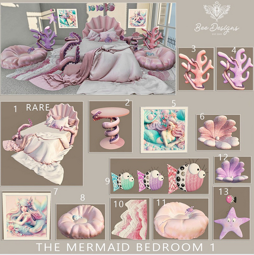 01 Bee The Designs Mermaid Bedroom Kids 2 RARE
