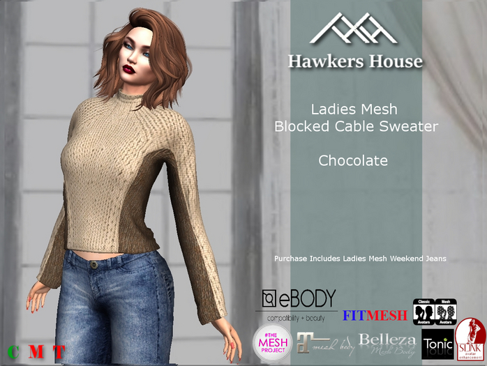 *HH* Ladies Mesh Blocked Cable Sweater Chocolate