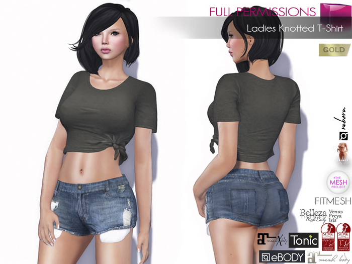 Full Perm Knot Tie Side Crop Top T-shirt For Maitreya 5.3 LaraX Ebody Reborn Legacy Belleza Slink Tonic Classic TMP