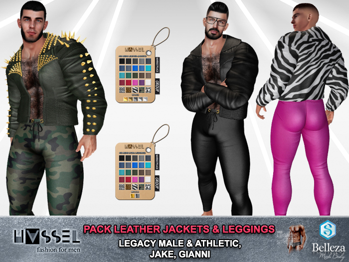 (HASSEL) PACK MENS OUTFIT PUNK GREASE LEATHER JACKETS & LEGGINGS LEGACY MALE, LEGACY ATHLETIC, JAKE, GIANNI 460