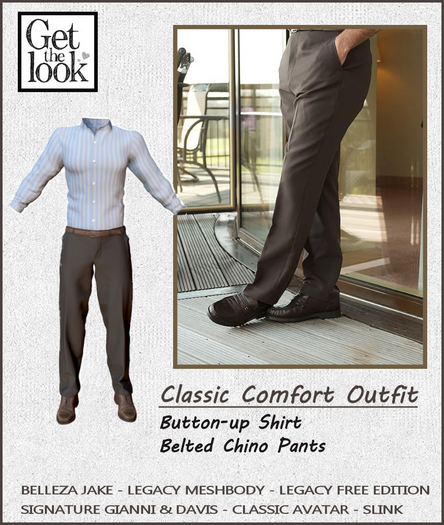 BUTTON UP SHIRT & BELTED CHINO PANTS COMPLETE OUTFIT -BELLEZA JAKE-LEGACY MESHBODY & FREE CLASSIC EDITION-GIANNI-SLINK