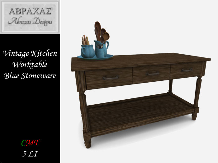 Vintage Kitchen Worktable - Blue Stoneware
