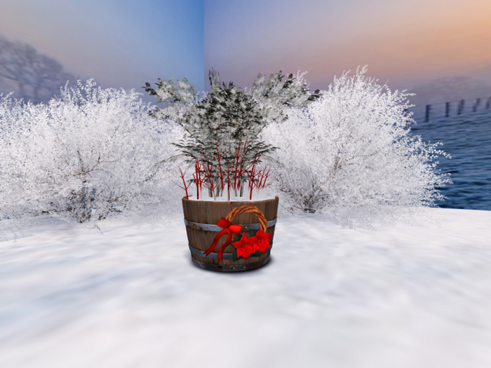 Wooden Barrel with Wreath and Bushes