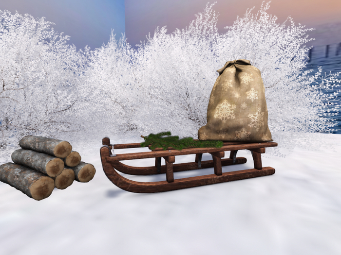 Modern Sleigh with Christmas Sack and Logs