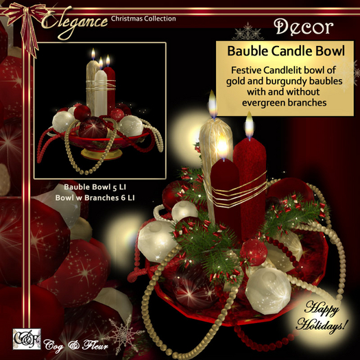 C&F Xmas Bauble Bowl w/ Candles & Pearls - Burgundy / Gold 