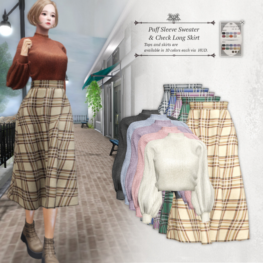 S@BBiA::Puff Sleeve Sweater & Check Long Skirt