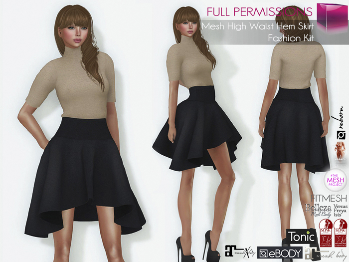 Full Perm Female Black High Waist Hi-Low Short Skirt for Maitreya 5.3 LaraX Ebody Reborn Legacy Belleza Slink Tonic Clsc