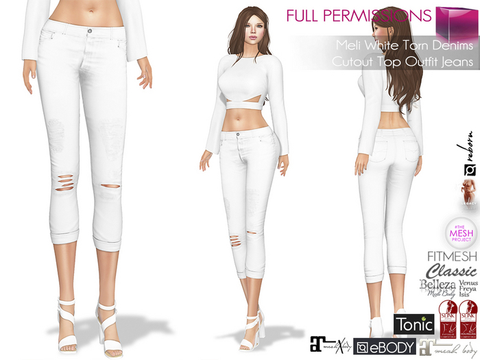 Full Perm Female White Torn Denims Cutout Jeans Slink Maitreya 5.3 LaraX Belleza Tonic TMP Ebody Reborn Legacy