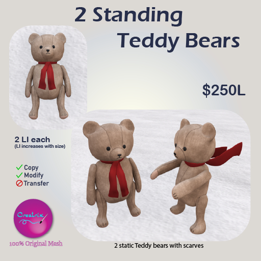 2 Static Standing Teddy Bears by Creatrix Original Mesh