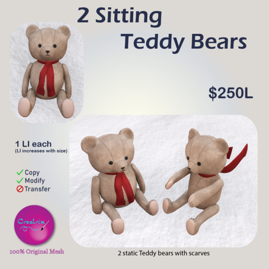 2 Static Sitting Teddy Bears by Creatrix Original Mesh