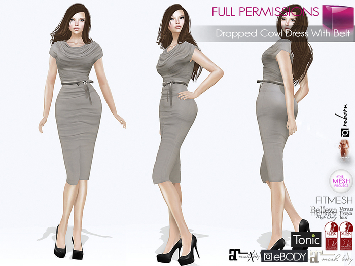 Full Perm Drapped Cowl Dress With Belt Slink Maitreya 5.3 LaraX Belleza Tonic Fitmesh 5 Sizes Ebody Reborn Legacy