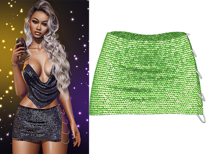 Geri New Year's Eve Sequin Skirt 2.0 [Lime] - Maitreya Lara • LaraX • Petite • PetiteX • Legacy • Reborn