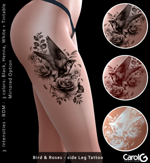 [CAROLG] Side Leg Tattoo - Bird & Roses 