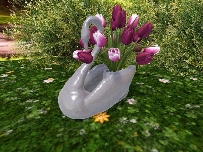 Silver Swan with Tulips in Pink/White and Purple