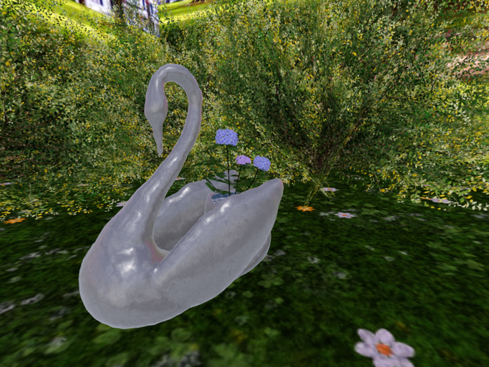 Silver Swan with Blue Hydrangeas