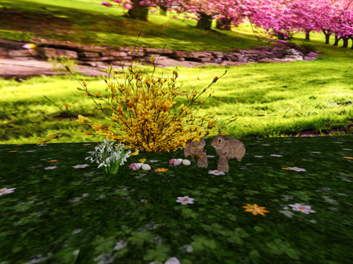 Forsythia Bush with Rabbits and Eggs