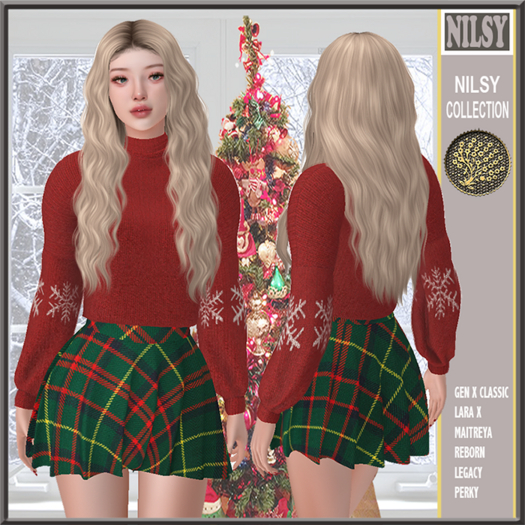 SNOWFLAKE SWEATER&CHECK SKIRT