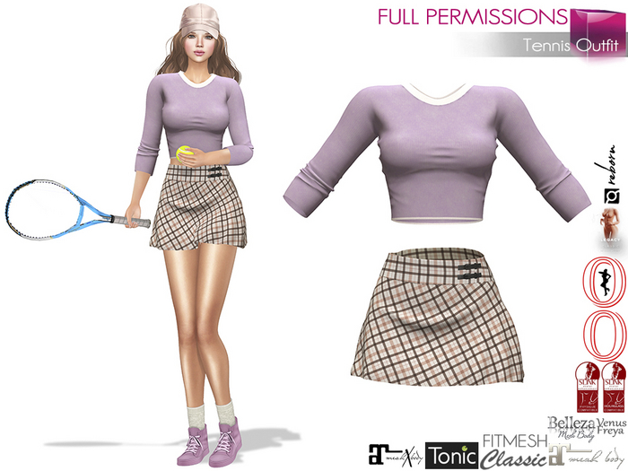 Full Perm Female Mini Tennis Skirt Crop Top Outfit for Maitreya 5.3 LaraX Ebody Reborn Legacy Belleza Slink Tonic Classc